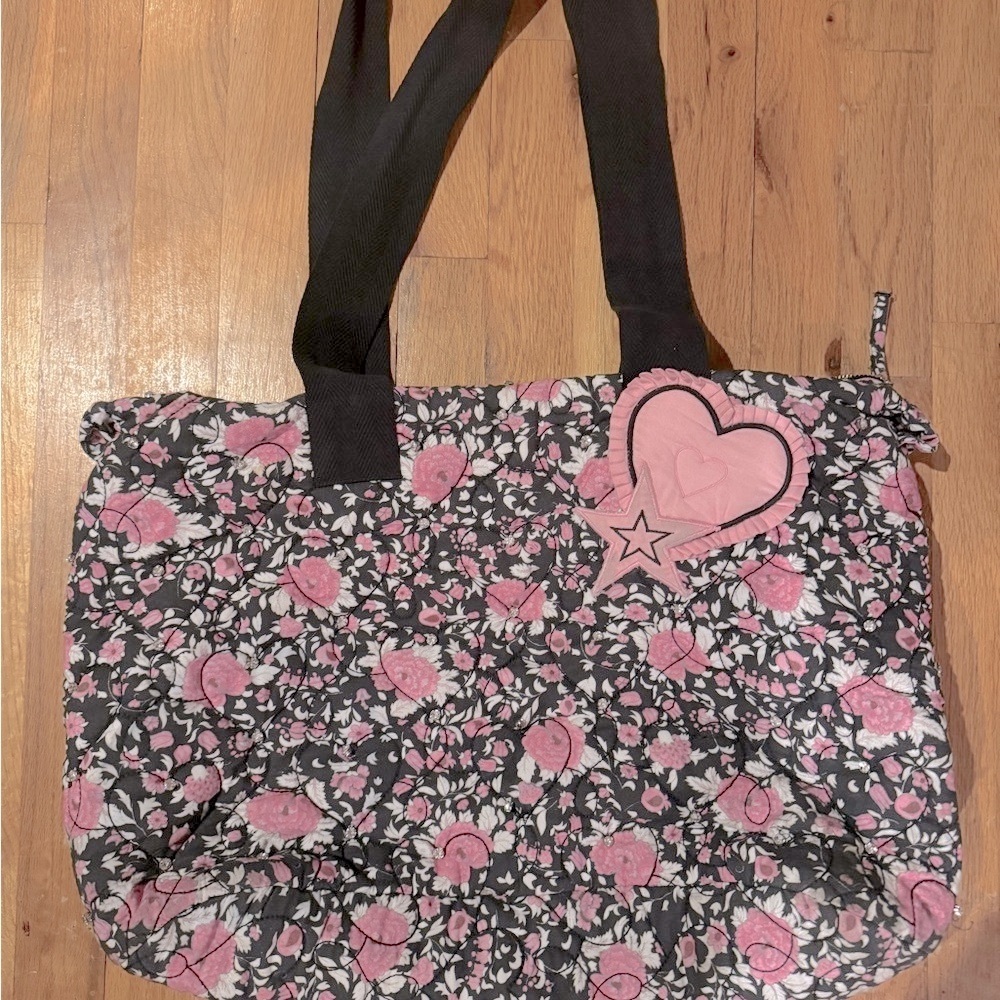 LoveShackFancy Black and Pink Floral Tote Bag